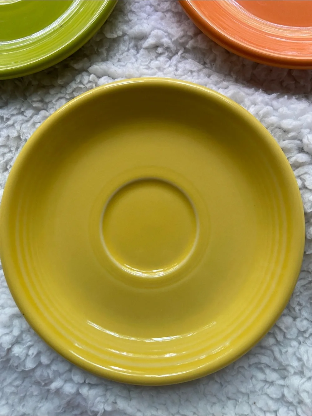 Contemporary Fiesta Ceramic Saucers in Lemongrass, Poppy & Sunflower - Set of 3